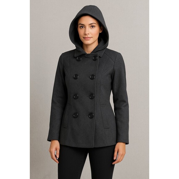 AK Anne Klein Sport Coat Womens Small Wool Blend Hooded Peacoat Double Breasted - Picture 1 of 10